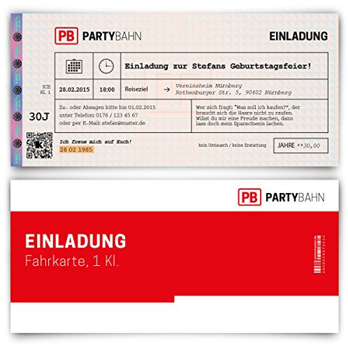 Kartenmachen.de Individuelle Einladungskarten zum Geburtstag (10-100 Stück selbst gestalten) als lustige Bahnkarte Bahn Karte Zug Ticket Zugticket Zugkarte