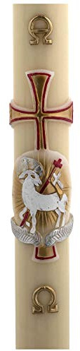 Holyart Velas, cirios, velones: Cirio Pascual cera de abeja cordero oro y rojo cruz 8x120 cm