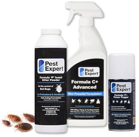 Pest Expert Bed Bug Killer Treatment Kit – Pest Expert Formula 'C'+ 1L, Bed Bug Killer Powder 300g & 1 x Fogger Bomb - Standard Kit for Maximum Strength Treatment & Control