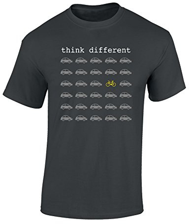 Baddery Cykel-t-shirt herr: Think Different – e-cykel vägcykel tillbehör, Mörkgrå, L