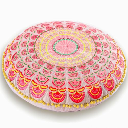 Mandala Life ART Fodera per cuscino da pavimento rotondo bohémien - 60x20 cm - 100% cotone - Custodia pouf per pouf per soggiorno, camera da letto, patio e altro (Rosso, 60xm)