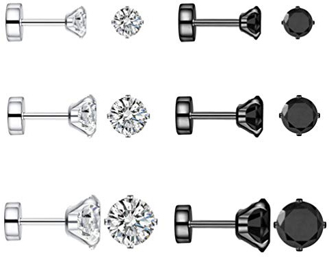 Lot de 6 paires de boucles d'oreilles à tige en acier inoxydable noir 18 g/1 mm avec petits oxydes de zirconium pour homme et femme, lot de piercings pour cartilage, lobe, hélix, fermoirs à vis plates