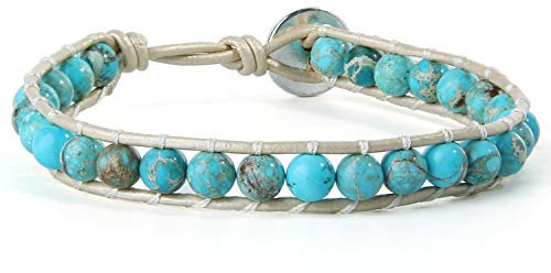 KELITCH 6mm Türkis Perlen Wickelarmband Damen Weiß Lederarmbänder Handgewebt Neue Charm Armbänder (Blau 8D)