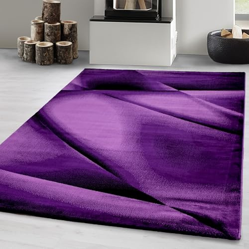Carpetsale24 Kurzflor Teppich 200x290 cm, Modern Abstrakt Design in Lila Schwarz, Pflegeleicht, ideal für große Wohnzimmer, Essbereiche oder offene Wohnräume