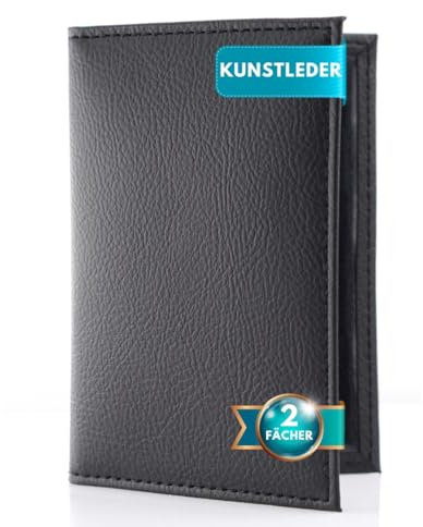 Festland DESIGN® Fahrzeugschein Hülle Ausweishülle Mappe für Zulassungsschein Führerschein Ausweis Kfz Schein Auto Zubehör Kartenetui mit 2 Fächern aus Premium Kunstleder – Schwarz (Schwarz 1 Stück)
