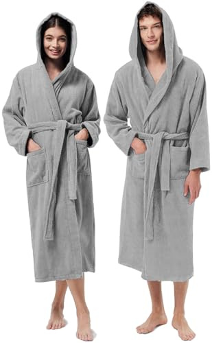 JENNY SESAL frottébadrock 100% bomull med huva, unisex, mjuk vid beröring med utmärkt absorptionsförmåga, extremt bekväm., Grå, L