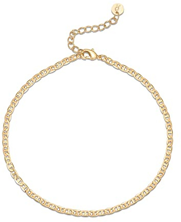 PAVOI 14K Gold Plated Charm Link Flat Gold Anklets for Women (Mariner, Yellow Plated)