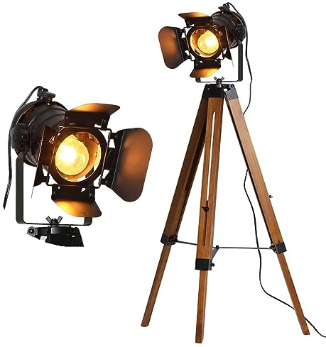 INJAK Lampadaire industriel pour salon, trépied en bois, grand éclairage noir, abat-jour en métal réglable, abat-jour de cinéma en métal, lampes de studio E27, lampes de sol rétro pour chambre à