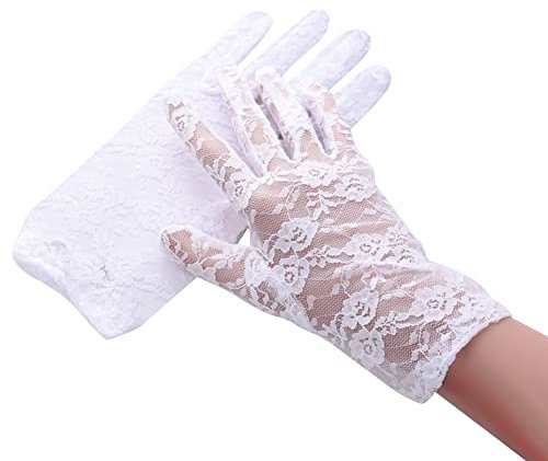 ihreesy Kurz Spitzenhandschuhe Damen,2 Stücke Vintage Abendhandschuhe Frauen Brauthandschuh Sommer Spitze Fahrradhandschuhe Netzhandschuhe UV-schutz Handschuhe,Weiß