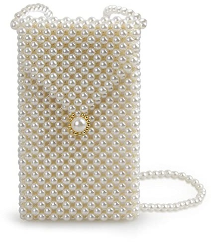 Luxus Perlentasche Kette Tasche Beige Geldbörse Damen Perlen Umhängetasche Kleine Quadratische Handgemachte Taschen Clutches für Hochzeitsfeier Brautparty Geschenk für Mädchen Frauen 7x4,3x0,8 Zoll