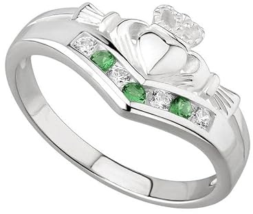 Biddy Murphy, Irish Claddagh Ring for Women Green Gem & Cubic Zirconia Wishbone Band Made in Ireland Size 6
