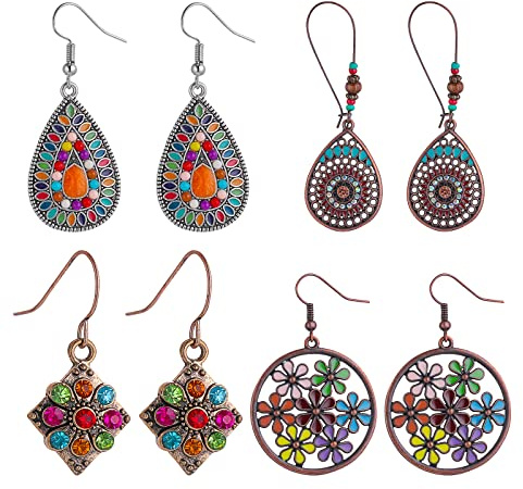 Yolev 4 Paar Vintage Böhmische Boho Ohrringe Earrings Set Vintage Strass Boho Ohrringe Boho Tropfenohrringe Damen Mädchen Schmuck Zubehör Set