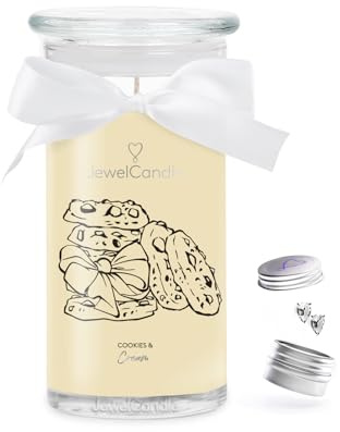 JuwelKerze Cookies & Cream Ohrringe Silber - Schmuckkerze 80 Std - große Duftkerze mit Orientalischem Duft - beige Kerze mit Schmuck Überraschung als - Geschenke für Frauen, Geburtstag