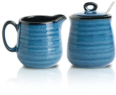 Hasense Porcelain Sugar and Creamer Set,11 Ounce Sugar Bowl with Lid and Spoon,10 Ounce Cream Pitcher,Farmhouse Coffee Sets for Serving,Dishwasher Safe(Blue)
