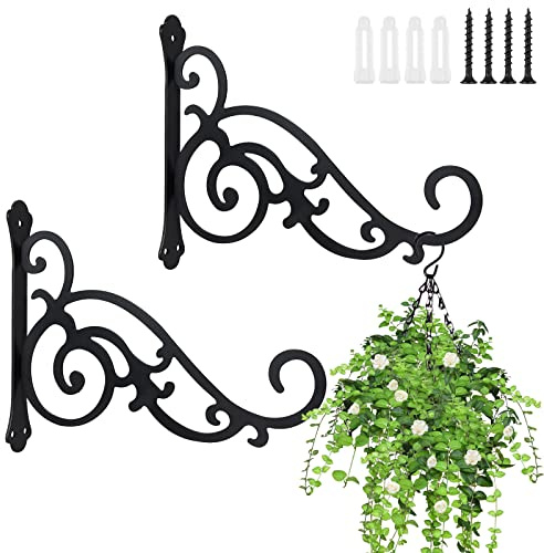 MIVIDE 2PCS Black Hanging Basket Brackets, Cast Iron Hanging Basket Brackets, Heavy Duty Hanging Basket Bracket, Metal Wall Brackets for Hanging Baskets (12in)