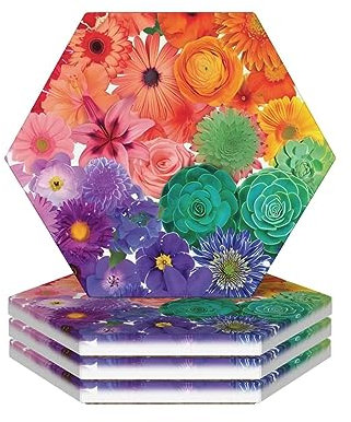 Keramik-Untersetzer mit Regenbogenblumen, saugfähig, für Getränke, Tassen, Tassen, Unterlage mit rutschfestem Korkboden für Bars, Partys, Cafés, Zuhause, Küche, 10,3 cm, 4 Stück