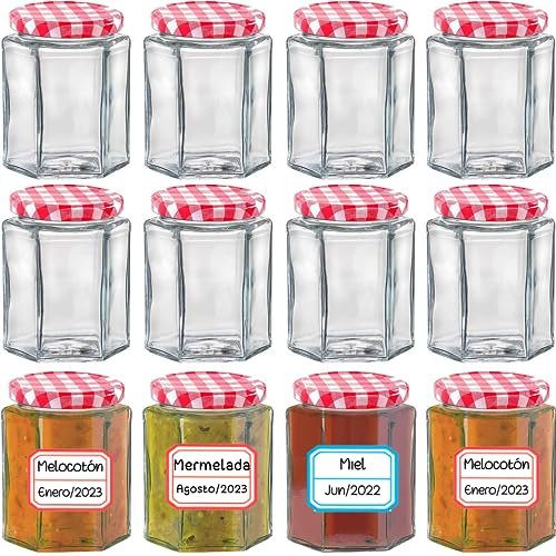 Set de 12 Tarros Hexagonales de Cristal de 95 ml con Tapa Hermética Mermeladas, Miel y Especias - Incluye Etiquetas - Aptos para Lavavajillas y Congelador