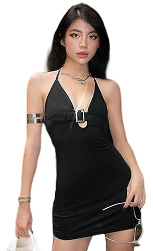 WEITING Schwarzes Strapskleid für Damen, Sommer, sexy V-Ausschnitt, rückenfrei, Krawattentasche, Hüfte, lässiges Minikleid, Schwarz, M
