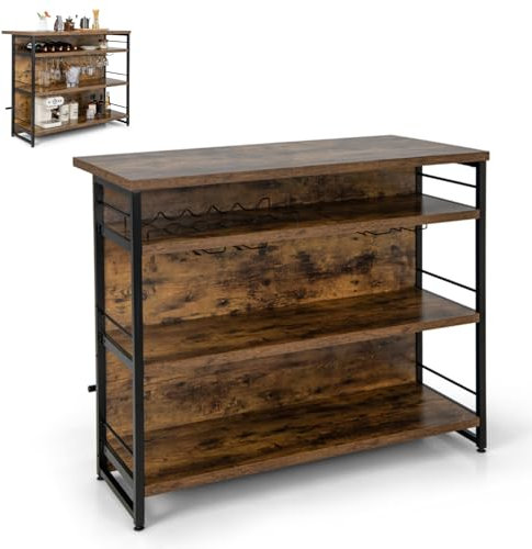GiantexUK Industrial Kitchen Island Sideboard, Dining Bar Table Station with Wine Rack, 3 Open Shelves, Glass Holders, Footrest & Adjustable Foot Pads, Storage Shelf for Home Pub (Rustic Brown)