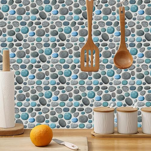 Mode Fliesenaufkleber Blau Grau Kieselsteine Peel and Stick Tapete Vinyl Selbstklebende Wandfliesen Küche Badezimmer Aufkleber Dekoration (Farbe: Blau, Größe: 54 Stück/15 x 30 cm)