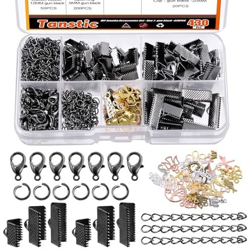 Tanstic Kit di 430 chiusure nere con estremità a nastro, segnalibro con anelli aperti, chiusure a moschettone, estensori per catena e ciondoli per fai da te