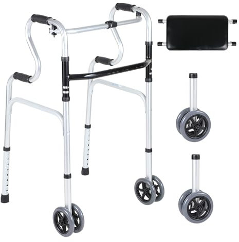 Eulenke Klappba gehhilfe für senioren, Aluminium gehbock mit 2 Lenkrollen, gehhilfe erwachsene höhenverstellbar, Rutschfest Stabil Gehgestell, Gehwagen Bis 180 kg, Ergonomische, Silber