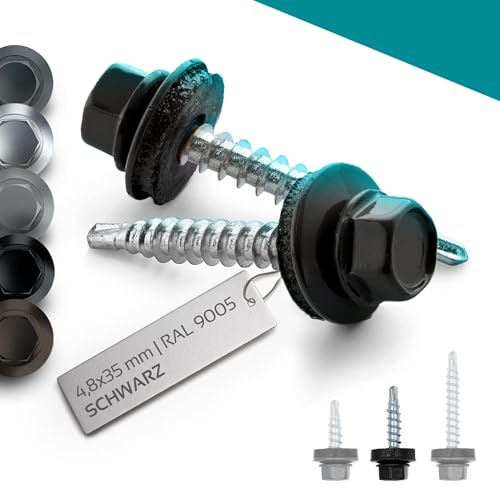 VOOXA 100St Trapezblechschrauben 4,8x35mm verzinker Stahl RAL9005 Schwarz | Selbstbohrende Dünnblechschrauben mit EPDM-Dichtscheibe | Sechskantkopf SW8 | tiefschwarz