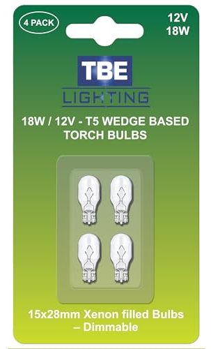 TBE LIGHTING Replacement Car Brake Light Bulbs/Reversing Bulb/Licence Plate Lights/Indicators - Part 955 / 921B W16W - Dimmable 18w Xenon Capless T5 Wedge Base 12 Volt - Pack of 4 Bulbs