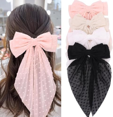 MRJ 4Pcs Chiffon Hair Bows for Women Big French Bows Hair Clips for Girls Hair Accessories Barrettes Metal Clips Bowknot Aesthetic