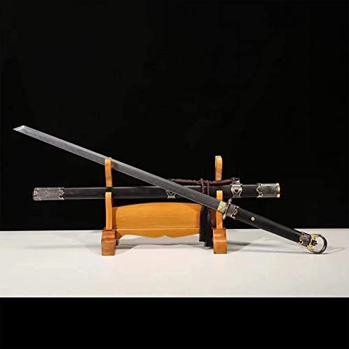 108cm schwarzes handgeschmiedetes gerades Schwert,Klinge aus Stahl mit hundert raffinierten Mustern,Scheide aus Ebenholz,Tang-Katana für Sammlung,Geschenk,Heimdekora,Cosplay,Ausstellung,Verteidigung