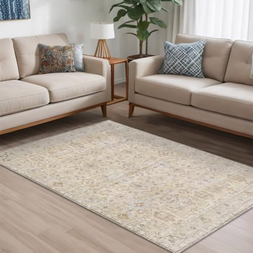 bamyum Ryella Bedruckter Teppich Chenille-Druck Maschinell Hergestellt 80 x 150 cm, Waschbarer Wohnzimmer Vintage Teppich Schlafzimmer, Antibakteriell Antirutschunterlage Küchenteppich Beige