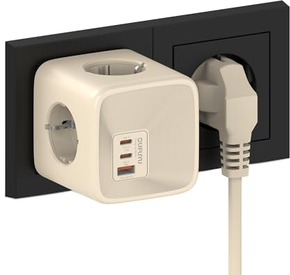 OUFUYU Regleta con USB 33 W, regleta eléctrica con 2 USB C y 1 tipo A cargador rápido, toma ahorra espacio con 4 tomas, regleta eléctrica de pared para oficina, casa de viaje, beige