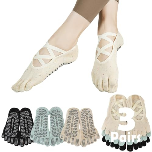 Sunolkie Antiscivolo Pilates Yoga Calze per Donna 5 Dita Calzini Yoga Grip Calzino da Allenamento Impugnature e Cinghie Antiscivolo,3 Paia