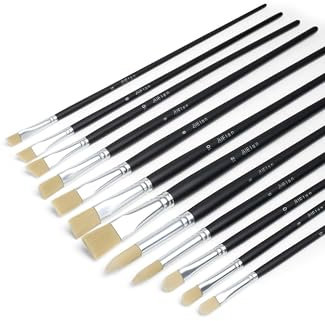 Elan Pinsel Set mit Langer Stiel, 12-teilige Borstenpinsel Set mit synthetischem Schweinshaar, Pinsel Ölmalerei, Schräg, Filbert, Flach, und Rund