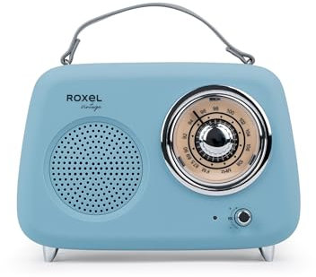 Roxel RFM01 Altavoz Retro para fiestas de radio FM: diseño atemporal, sonido superior, radio FM, reproducción MP3 y transmisión inalámbrica BT, perfecto como regalo (azul)