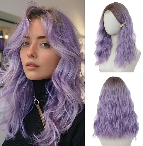 BUPPLER Wig 18 Inch Medium Length Wigs for Women Middle Part Synthetic Hair Wavy Wig with Upgraded Strands,Natural Hair Wigs for Daily Party/Halloween Use 18Inch,Highlight Purple