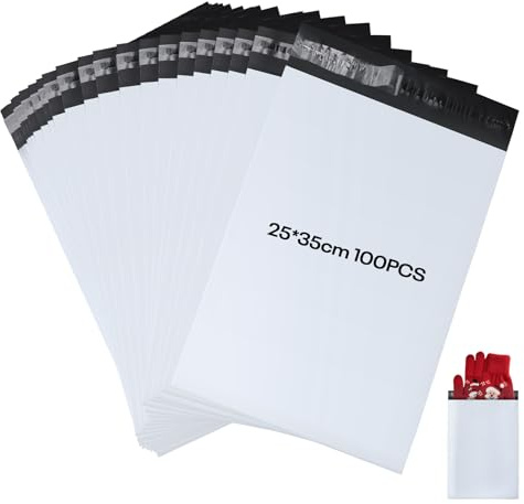 KOMABLEN 100Stk Versandtaschen, 25x35cm Selbstklebend Versandtüten für Kleidung, Blickdicht Wasserdicht Weiße PE Versandbeutel, Abrasionsbeständig groß Pakete für Versand für Expressverpackung