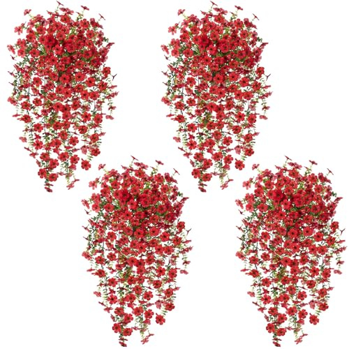 Artificial Hanging Flowers, 4PCS Artificial Hanging Plants, Outdoors UV-Resistant Fake Flowers, Bouquet Hanging Vine Plants for Wall Home Garden Yard Patio Wedding Indoor Outdoor Decoration-Rose Red