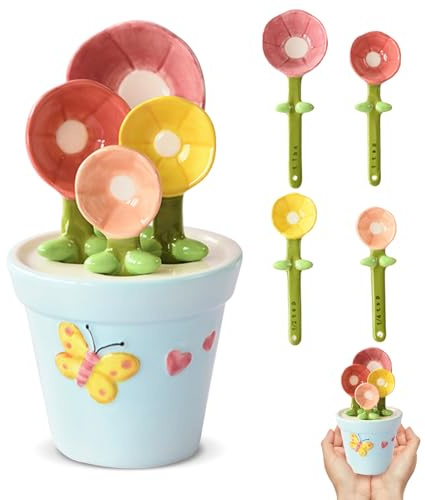 MARUKO Keramik Messlöffel Set, Ceramic Measuring Spoons Sets, Niedliche Blumen-Messlöffel mit Aufbewahrungstopf für trockene und flüssige Zutaten, 1/4 TL, 1/2 TL, 1 TL, 1 EL