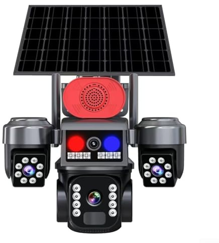 FUANA Telecamera di sicurezza a energia solare a 360 gradi, PTZ, wireless, per esterni, con rilevamento di movimento notturno, IP66, impermeabile, 2 K HD, 3 lenti, telecamera WiFi (nero)