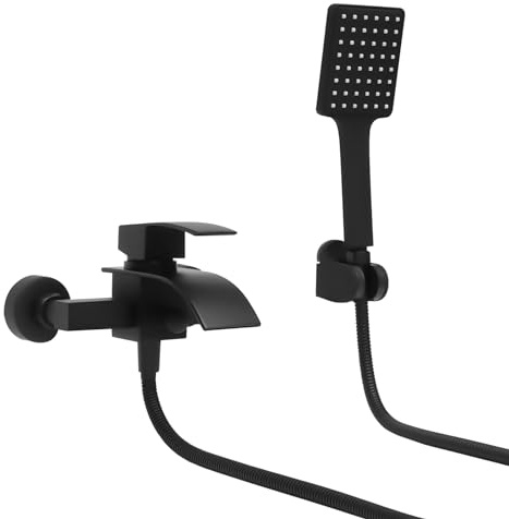Badewannenarmatur Schwarz Wannenarmatur mit Handbrause Mischbatterie Badewanne mit Brause, Aufputz Wasserhahn Badewanne Armatur, Duscharmatur mit Duschkopf 3 Funktionen,Wandmontage 150mm, Schwarz Matt