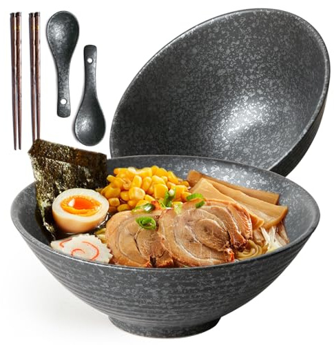 Ramen Schüssel Set 2 x 1200ml Keramik Ramen Bowl mit Essstäbchen und Löffeln,Japanisches Stil Porzellan Geschirr Suppenschüssel Groß Salatschüssel Pho Bowl,Mikrowelle & Spülmaschinenfest,Schwarz