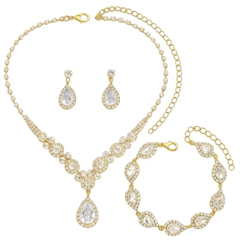 Women's Jewellery Sets,Gold Jewellery Set, Rhinestone Wedding Jewelry Sets for Women, 3-Piece Necklace Earrings Bracelet Set for Bride Bridesmaid, Special Occasion Jewelry for Weddings Parties Proms
