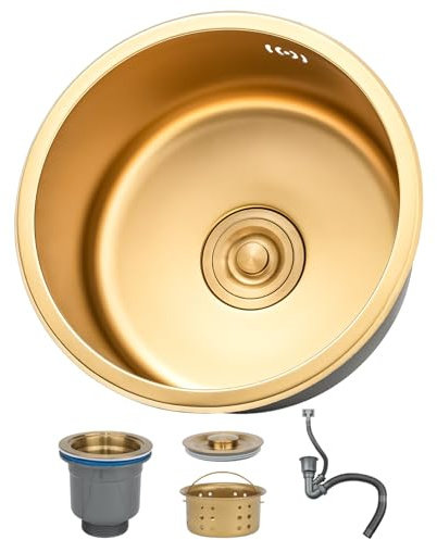 DSMRLEOP 40x40cm Goldfarbene Küchen Spülbecken Aus Edelstahl, Nanobeschichtetes 1 Becken Einbau- Oder Unterbau-Barspüle Mit Siphon, Über- und Ablauf-Set, Leicht Zu Reinigende