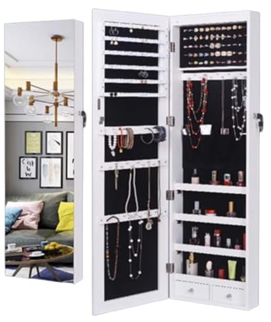 Générique Armoire À Bijoux Murale, Organisateur avec Lumières LED, Placard De Rangement, Miroir sur Pied, Miroir De Maquillage Intégré, Verrouillable, À Suspendre À La Porte Ou À Fixer Au Mur(White)