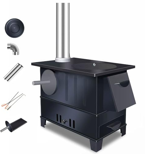 Stufa A Pellet Stufa A Legna Con Forno Struttura in Lamiera D'acciaio Focolare Di Grande Capacità Forno A Legna Include Camino, Gancio E Pinza(50.5 * 30.5 * 41cm)