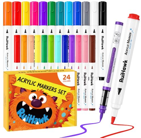 RuiHawk Acrylstifte 24 Farben, Wasserbasierte Acrylmarker mit Rund & Pinsel Spitze, Deckend, Permanent für Stein, Keramik, Holz, Leinwand, Malstifte für Erwachsene, Künstler