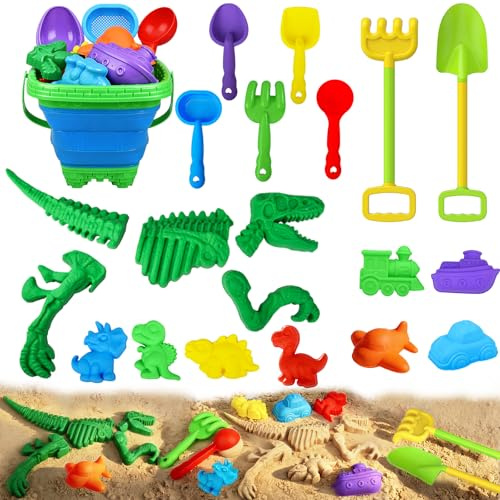 Sotodik 22PCS Dinosaur Beach Toys for Kids, Sand Toys Set with Collapsible Bucket, Molds,Shovel Rake,Mesh Bag,Dino Digging Building Kit Molds,Summer Outdoor Travel Toys for Toddlers Boys Girls