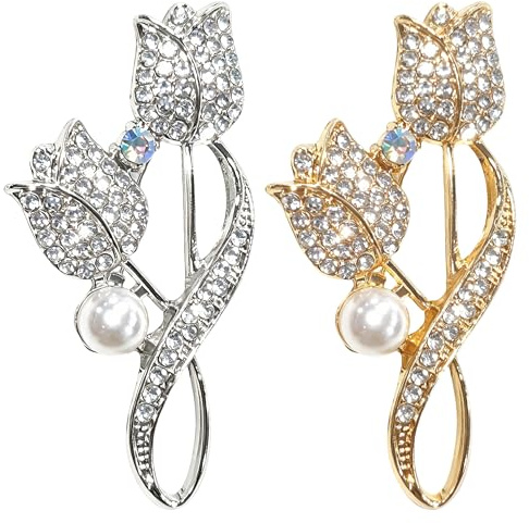 2 Stück Brosche Damen, Tulpen Anstecknadel mit Zirkonia in Gold und Silber | Goldene Damenbrosche, Elegantes Florales Schmuckaccessoire für Blazer Schal Mantel Kleid, Broschen für Kleidung