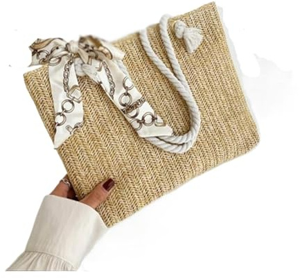 Stråväska Halmvävd Axelväska Dam Sommar Strandväska Holiday Casual Handgjord Lätt Handväska Med Sidenscarf För Kvinnor(Khaki)
